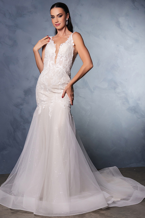 Sleeveless Deep V Neckline Wedding Gown