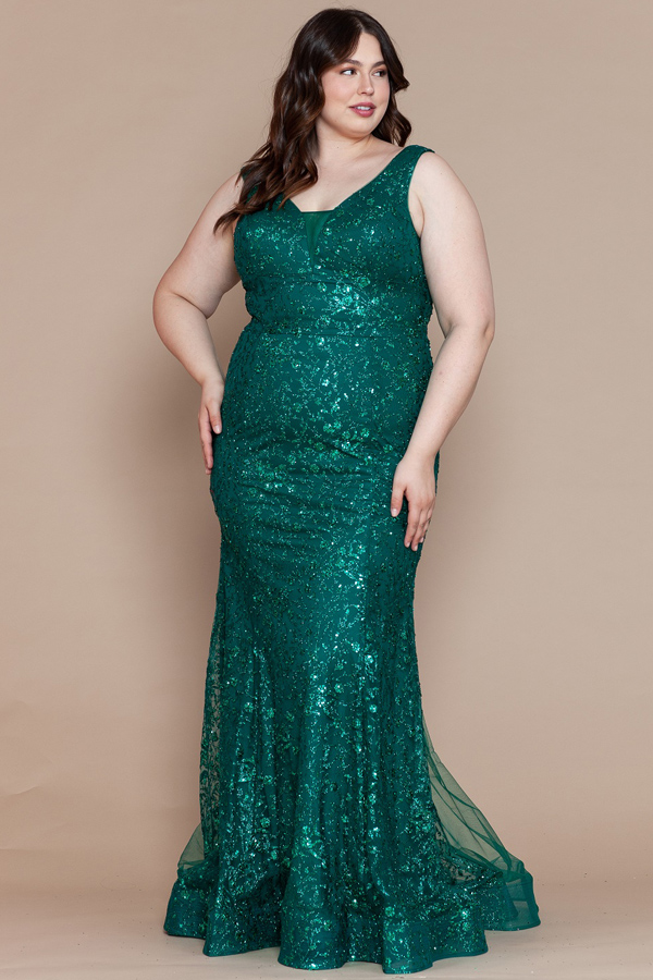 Curvy Sleeveless V neckline Glitter Print Mermaid Dress