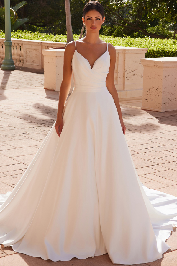 Sleeveless Deep V Neckline A Line Wedding Gown