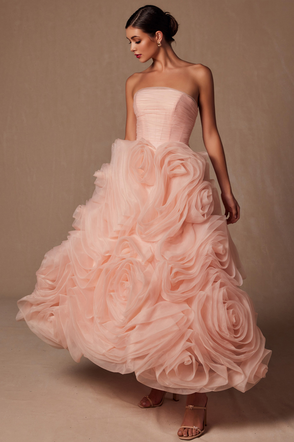 Strapless Straight Neckline Rosette Ruffle Dress