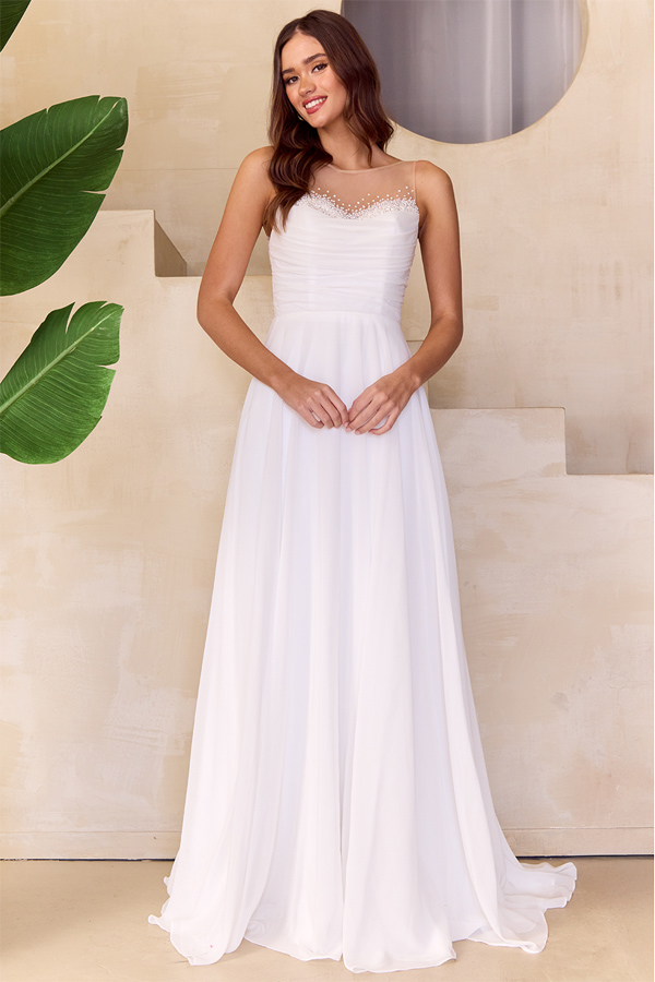 Pearl Detail Sheer Neckline A Line Chiffon Wedding