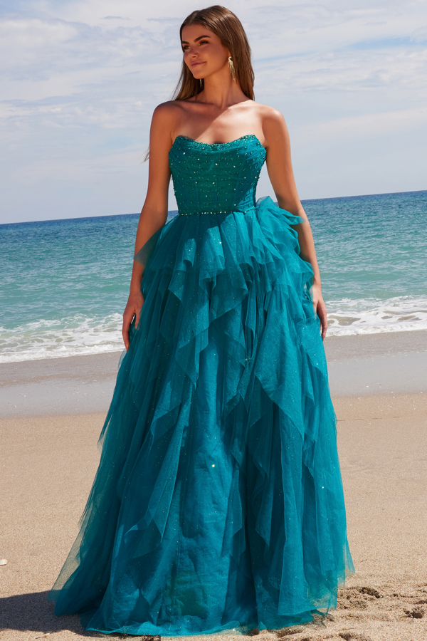 Strapless Ruffle Skirt Glitter Tulle Dress