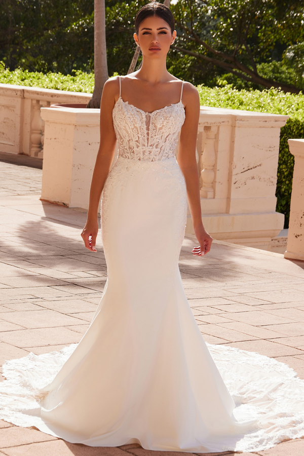 Skinny Strap Embroidered Illusion Top Mermaid Wedding Gown