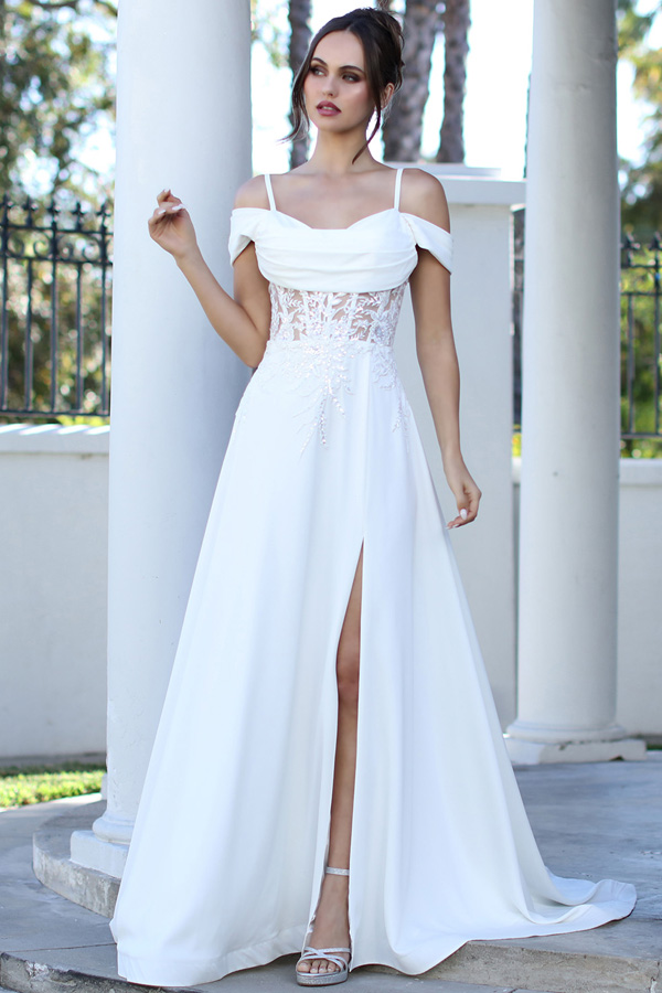 Off Shoulder Skinny Straps Cowl Top Bridal Dress