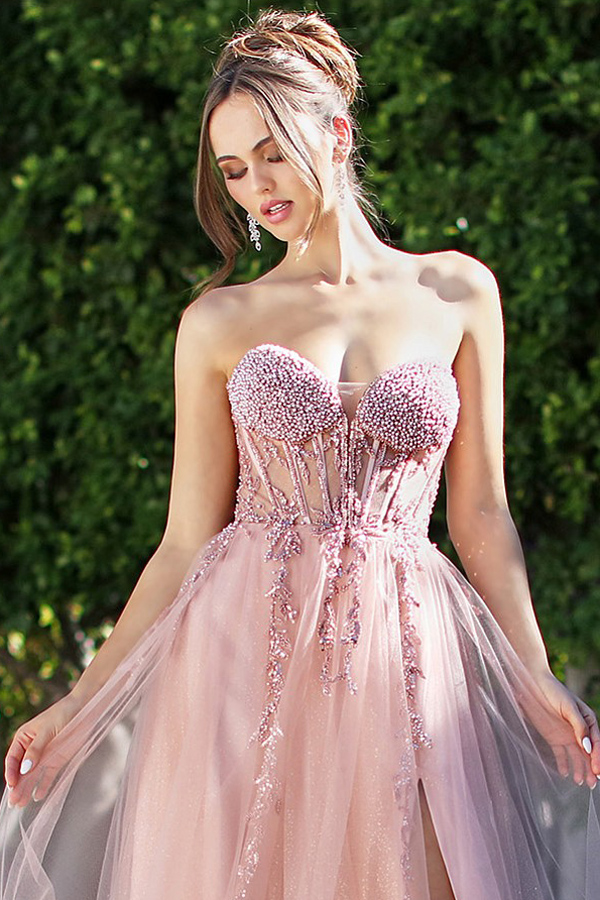 Strapless Sweetheart Bead Work A Line Prom Dress