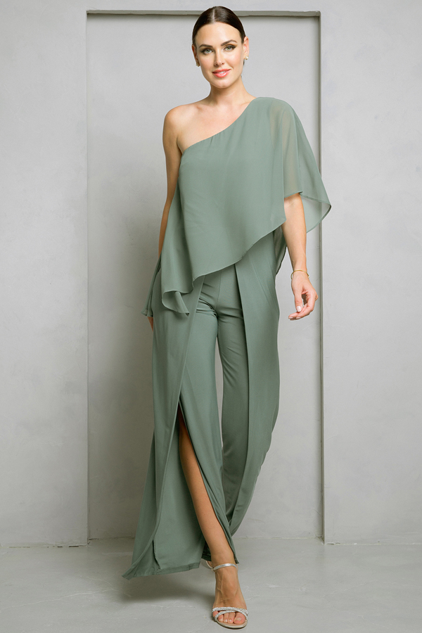 Draped Chiffon Asymmetric Jersey Jumpsuit