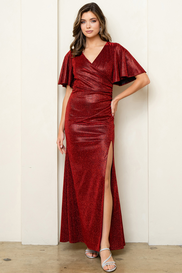 Flared Half Sleeve V Neck Metallic Sheath Dress