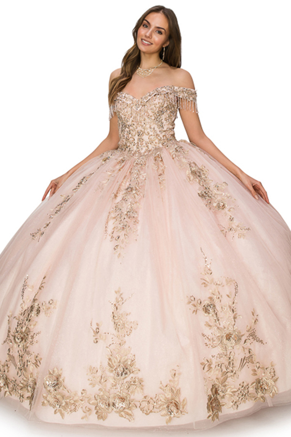 Off Shoulder Gold Embroidery Quinceanera Ball Gown