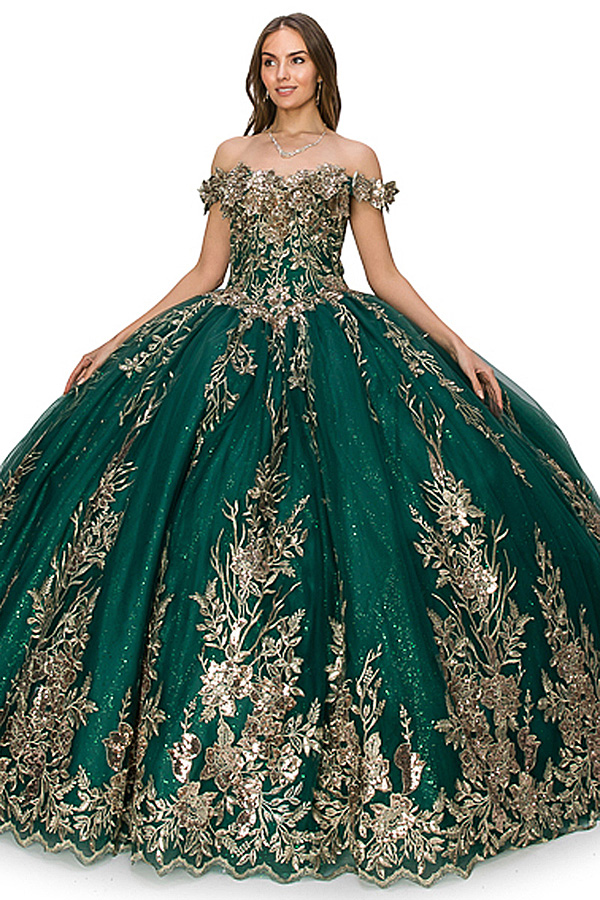 Off the Shoulder Metallic 3D Applique Quince Ball Gown