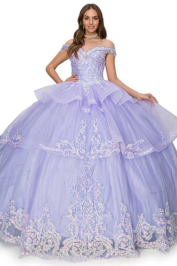 Off the Shoulder Embellished Top Tiered Ball Gown