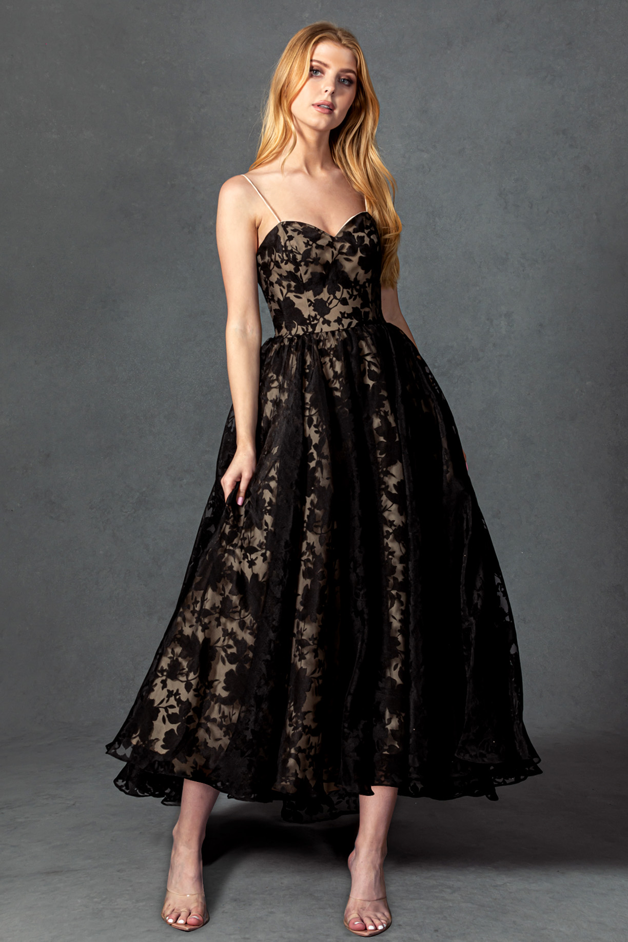 STRAPLESS, SWEETHEART, MIDI LENGTH DRESS