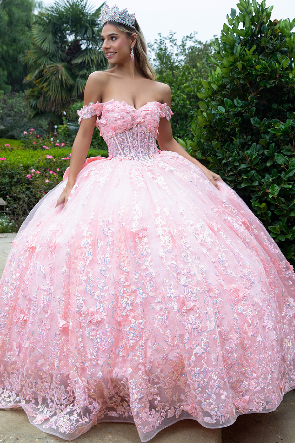 Off Shoulder 3D Applique Quince Ball Gown