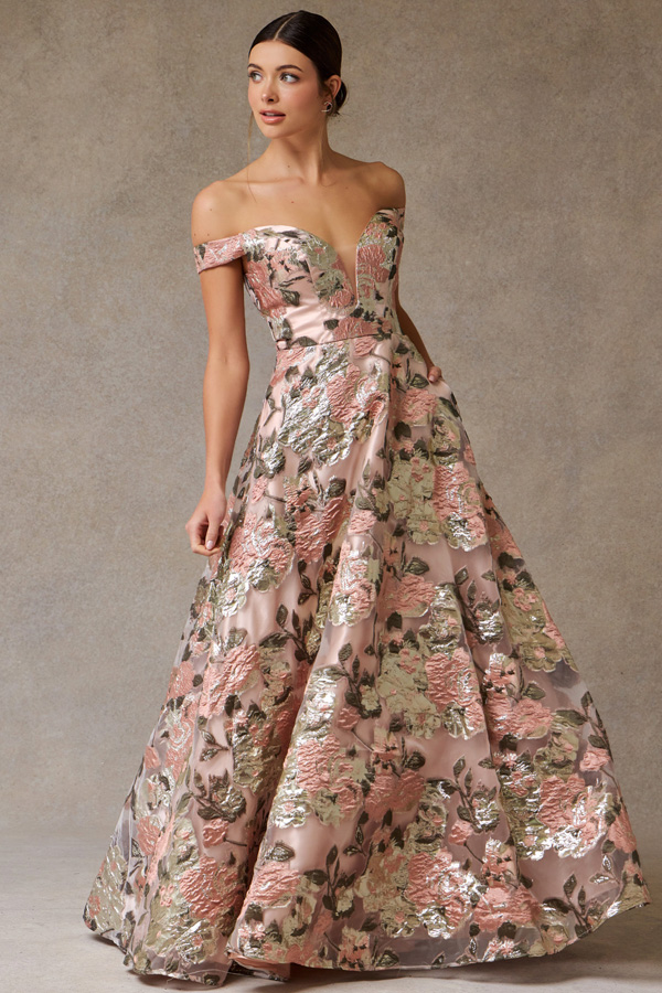 Off the Shoulder Plunging Neckline Jacquard Dress