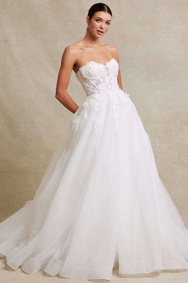 Strapless 3D Floral Applique A Line Wedding Gown