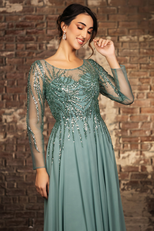 Sheer Long Sleeve Sequin Design A Line Mama Dress