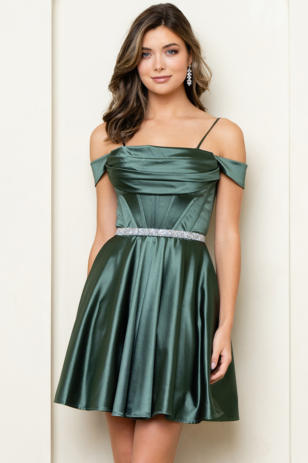 Off Shoulder Satin Short Dress w/ Jewel Belt