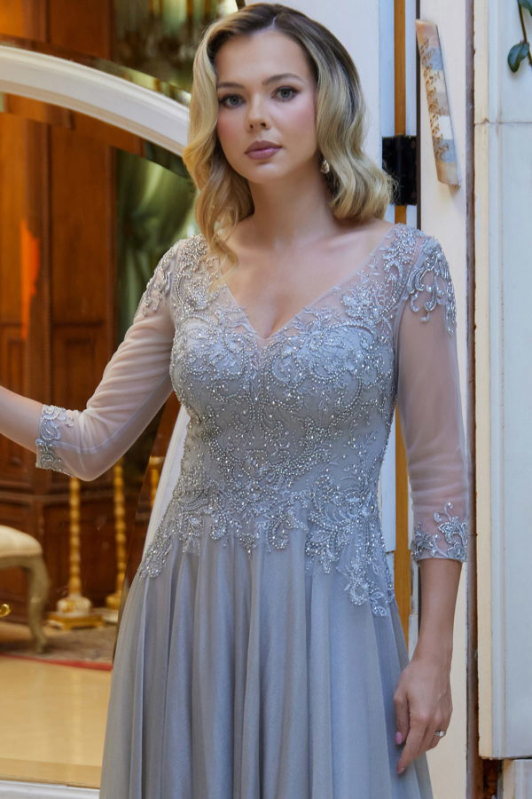 Sheer 3 Quarter Sleeves V Neckline MoB Dress