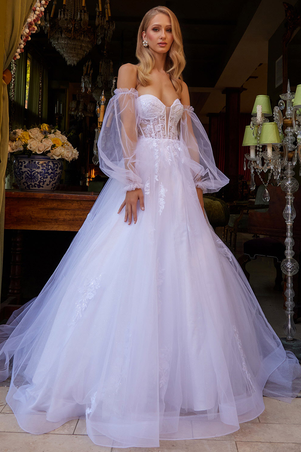 Off Shoulder Sheer Long Puff Sleeve Sweetheart Ball Gown