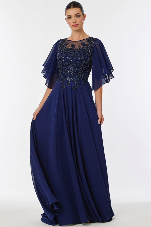 Short Sleeve Bateau Neck Chiffon MoB Dress