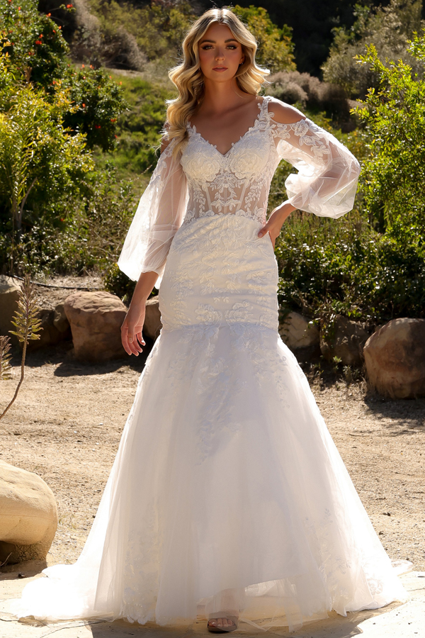 Sheer 3/4 Sleeve V Neck Cut-Out Shoulder Wedding Gown