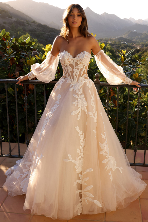 Sheer Bell Sleeve Sweetheart A Line Wedding Gown