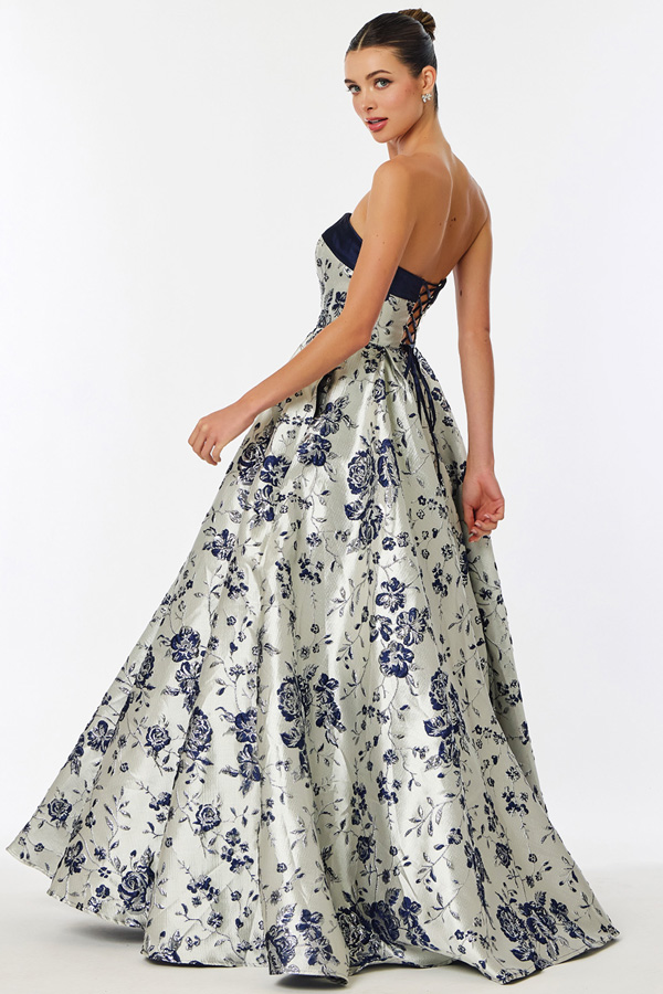 Strapless A Line Floral Print Jacquard Dress