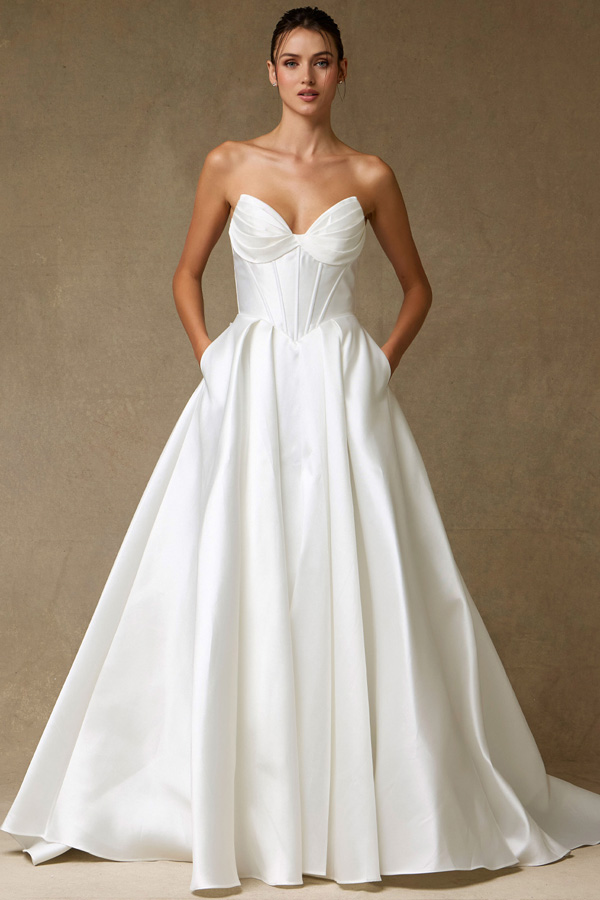 Strapless Pleat Neckline A Line Mikado Wedding Dress