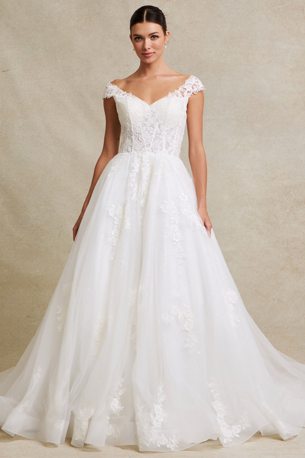 Portrait Neckline Lace Top A Line Chapel Wedding Gown
