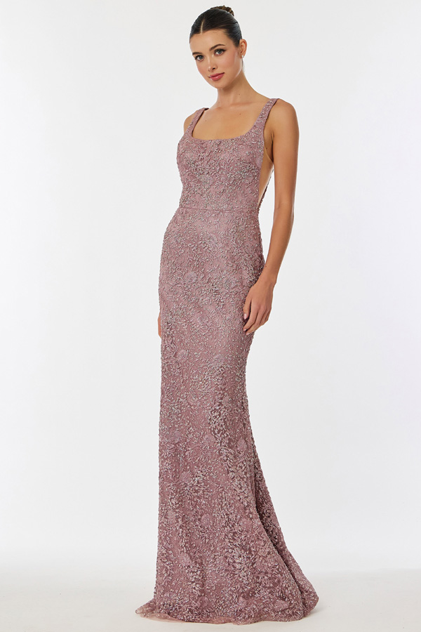 Square Neckline Embroidery Glitter Print Sheath Dress
