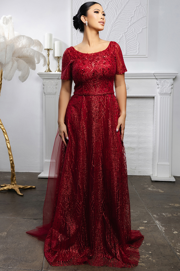 Boat Neckline Half Sleeve A Line Glitter MoB Dress