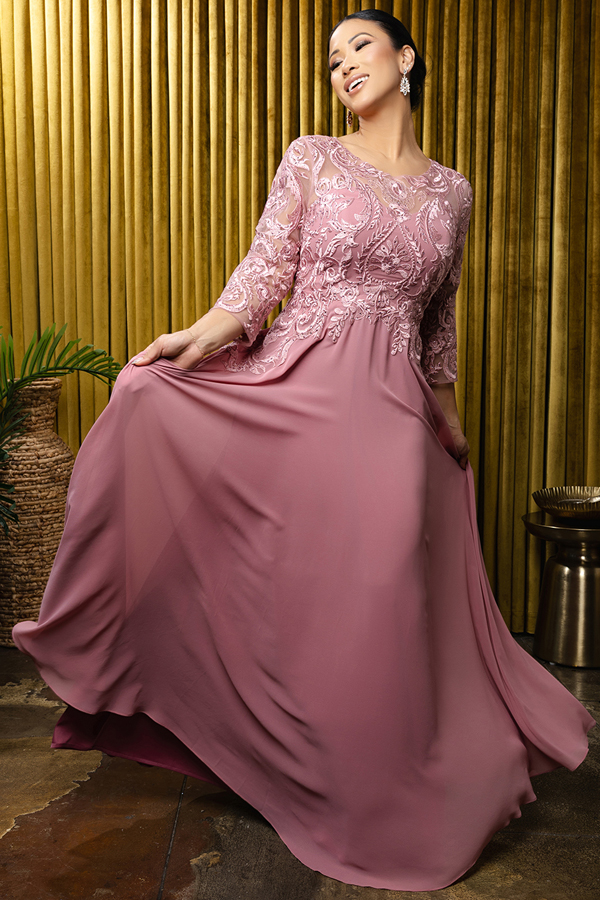 3 Quarter Sleeve Jewel Neckline Embroidery Top MoB Dress