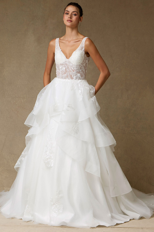 Sleeveless Plunging V Neck A Line Wedding Dress