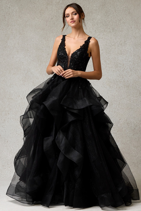 Sleeveless Plunging Neckline Tulle Ruffle Dress