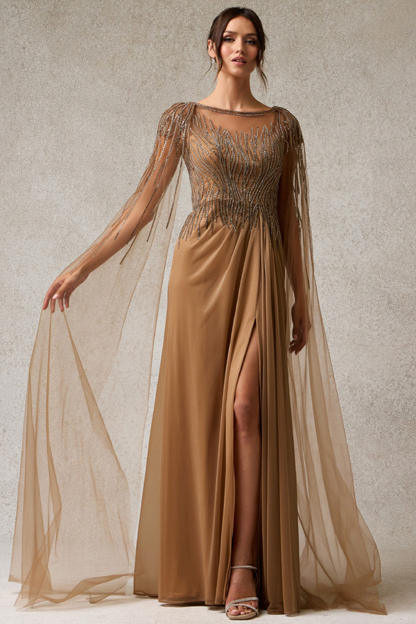 Floor Length Capelet Boat Neck Sheath MoB Gown