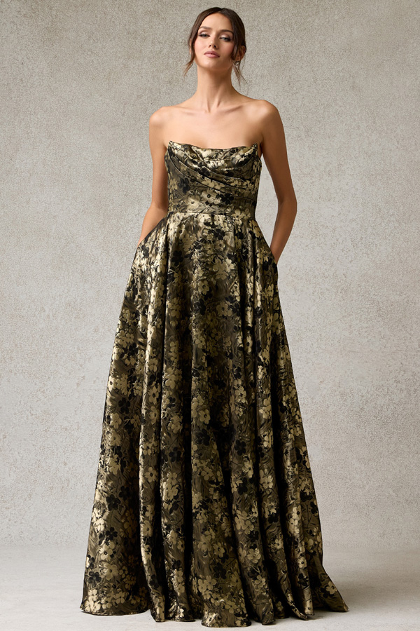 Strapless Bateau Neckline Jacquard Print Dress