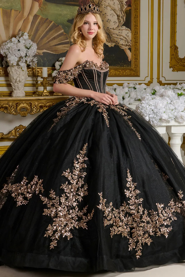 Off Shoulder 3D Applique Quince Ball Gown