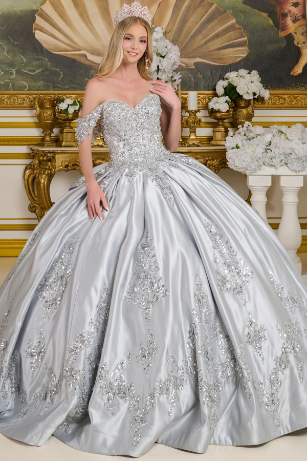 Off Shoulder Sweetheart 3D Applique Quince Dress