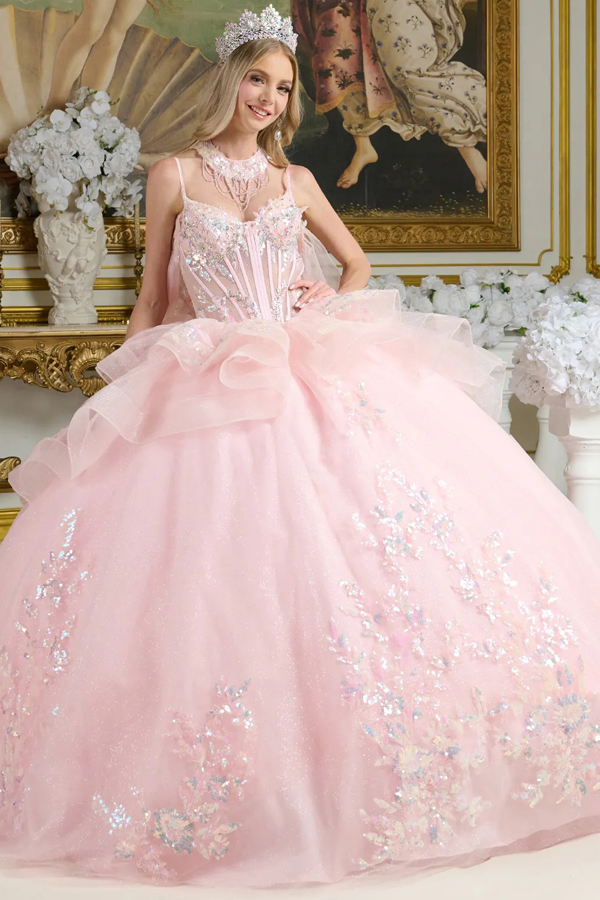 Sleeveless Neckband Cape Ruffle Detail Ball Gown