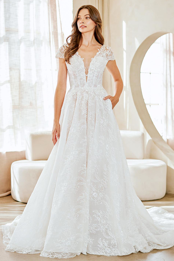 Cap Sleeve Plunging Neckline Chapel Wedding Dress