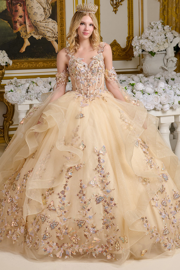 Off Shoulder Long Sleeve Butterfly Applique Dress