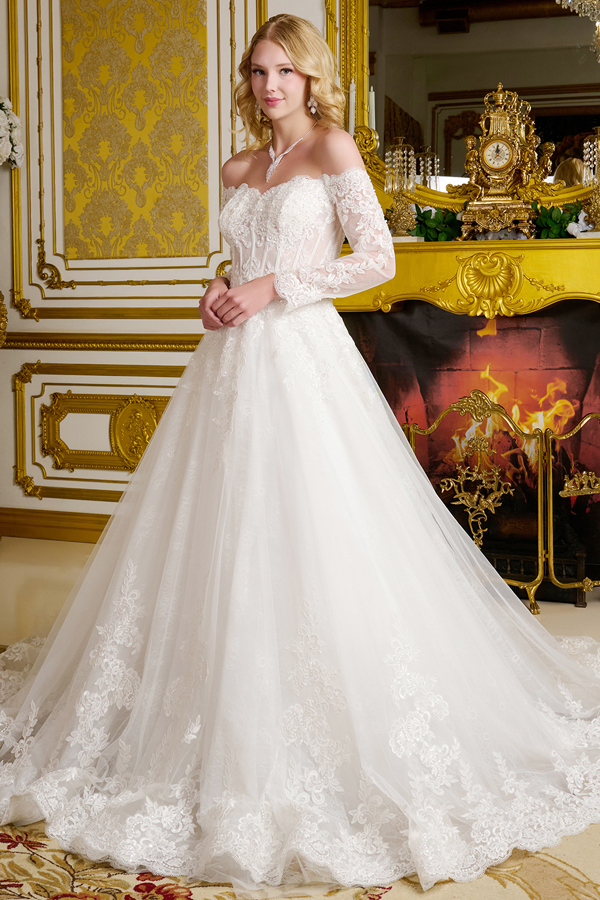 Off Shoulder Sheer Long Sleeve A Line Bridal Gown