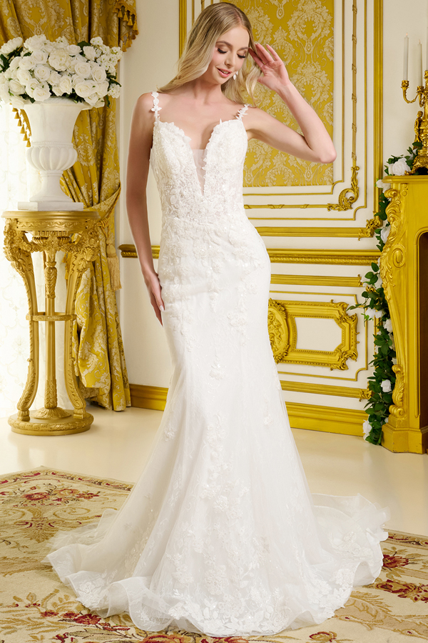 Sleeveless Plunging Neck Lace Trumpet Wedding Gown