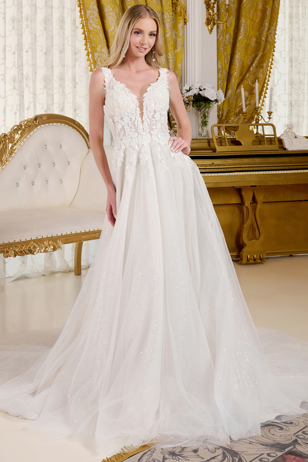 Plunging V Neckline Lace Top A Line Wedding Gown