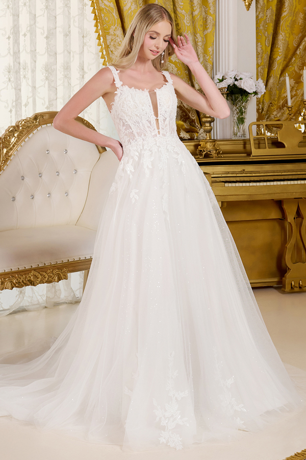 Plunging V Neck Lacecd Illusion Top A Wedding Gown