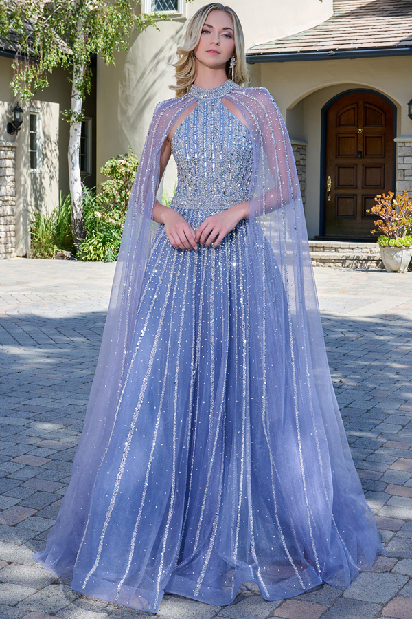 Mock Halter Neckline Cape Sleeve Evening Dress