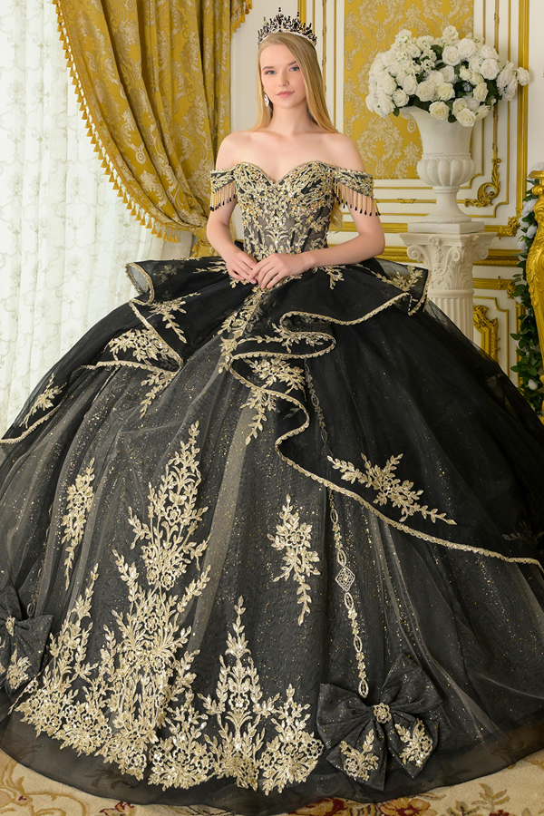 Dangling Off Shoulder Golden Embroidery Ball Gown