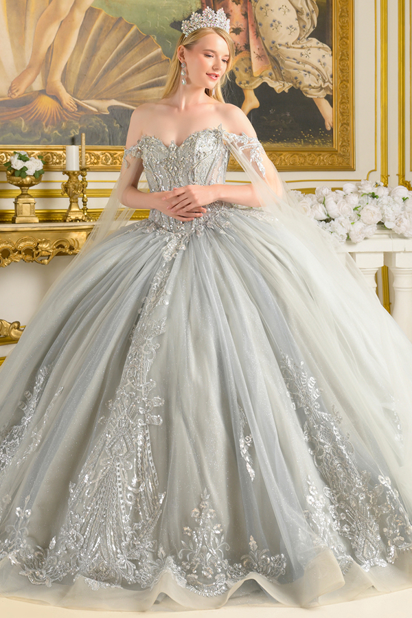 Sweetheart Off Shoulder Mesh Cape Quince Ball Gown