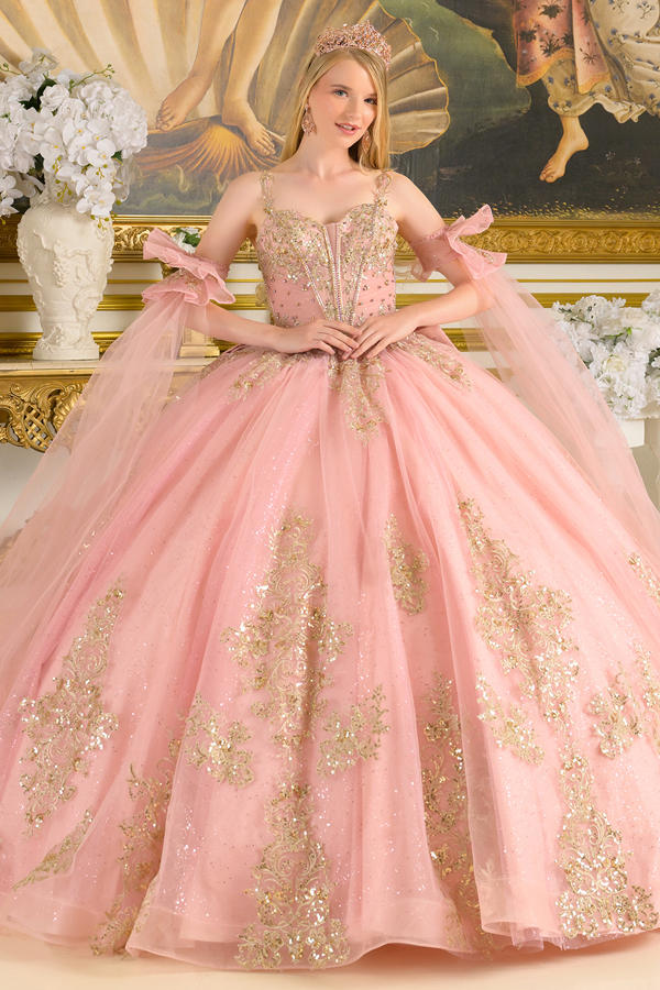 Cuff Sleeve Train Embellished Quince Ball Gown