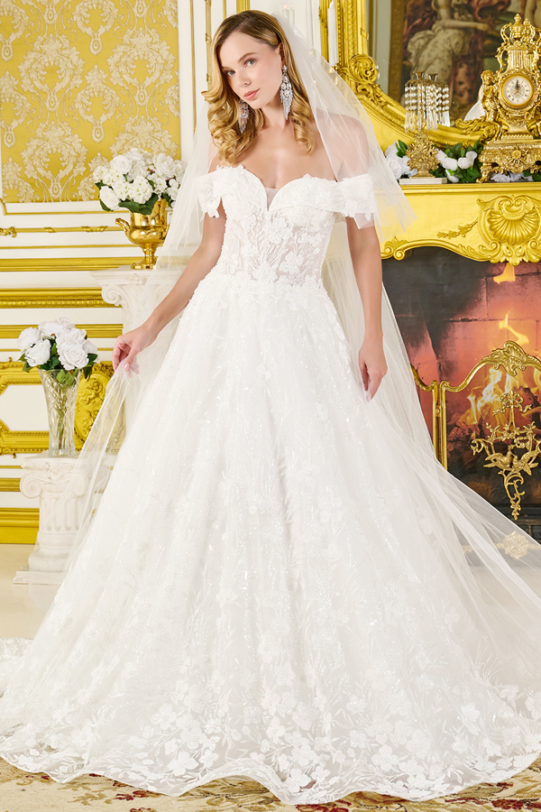 Off Shoulder Bead Lace Work A Line Wedding Gown