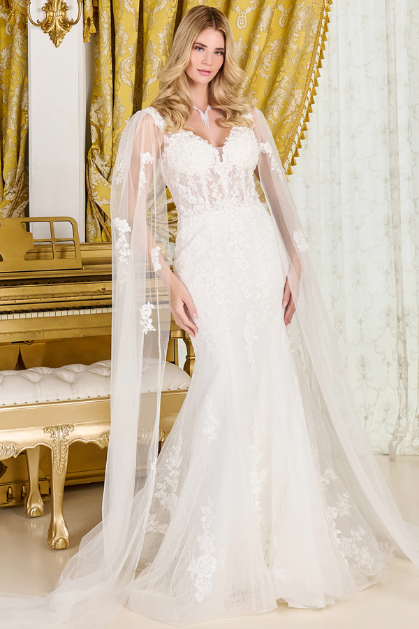 Mesh Cape Sleeve V Neck Trumpet Wedding Gown